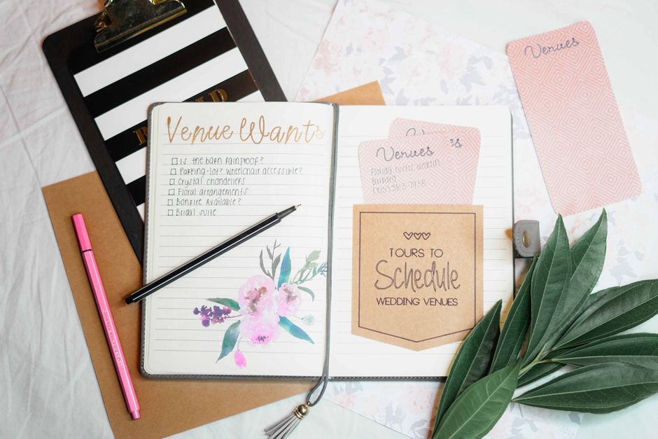 Wedding planner organizing details on a clipboard